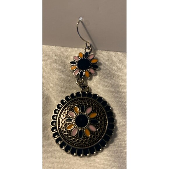 Earrings Boho  Silver & Black w/ Pink Orange Flowers Dangle Metal Shiny Hippie - Picture 3 of 6
